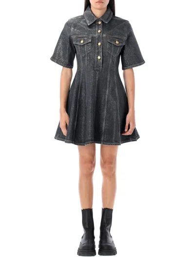 Ganni Shimmery Foil Denim Mini Dress In Black
