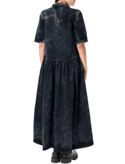 Ganni Light Denim Long Dress Black Washed In Blue