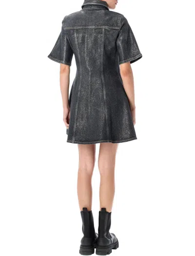 Ganni Shimmery Foil Denim Mini Dress In Black