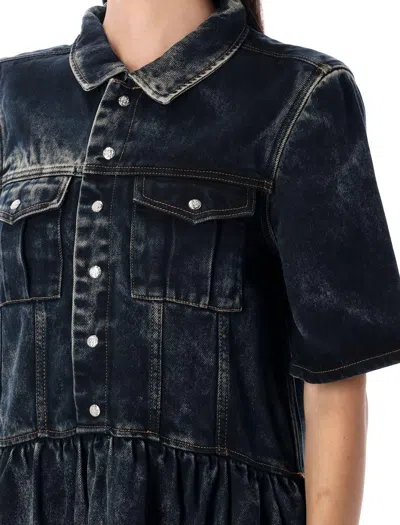 Ganni Light Denim Long Dress Black Washed In Blue