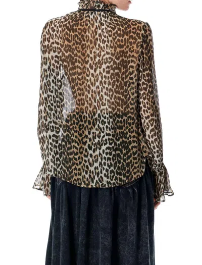 Ganni Ruffled Collar Sheer Animal Print Shirt