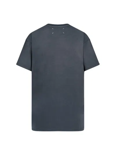 Maison Margiela Blue Crewneck T-shirt With Logo Lettering Print In Cotton Woman