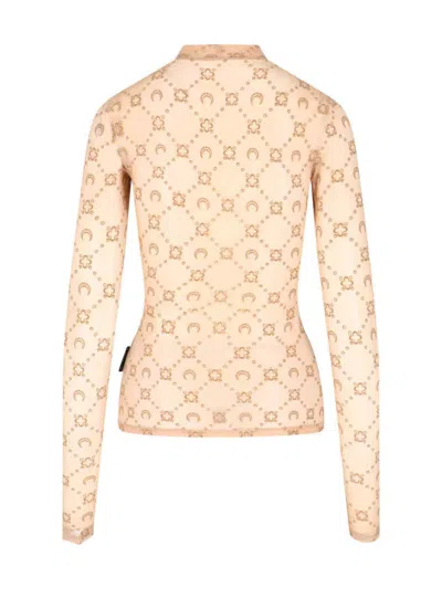 Marine Serre Printed Fitted Top Sheer Sleeves In Neutral