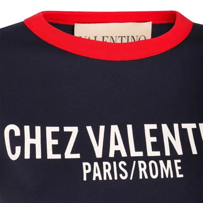 Valentino Crew Neck Cotton T-shirt With Contrast Trim In Blue