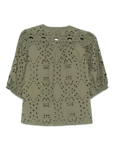 Ba&sh Beatrice Eyelet-embroidered Puff-sleeve Top In Green