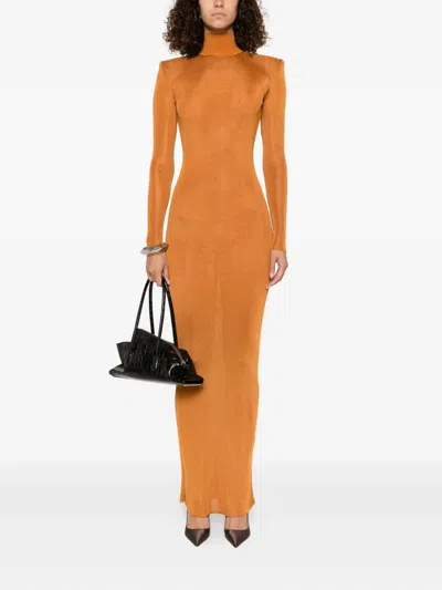 Self-portrait High-neck Long-sleeve Dress In Brown