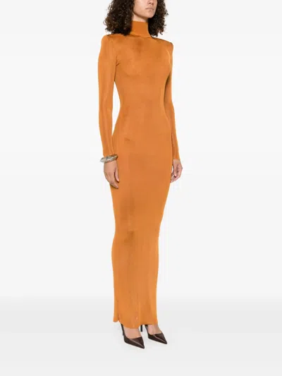 Self-portrait High-neck Long-sleeve Dress In Brown