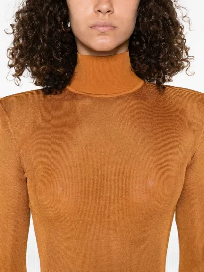 Self-portrait High-neck Long-sleeve Dress In Brown