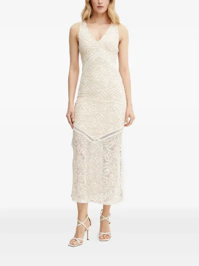 Guess Usa Lace-insert V-neck Midi Dress In Neutral