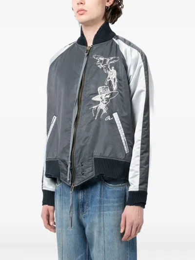 Greg Lauren Embroidered Bomber Jacket In Gray