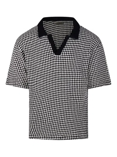 Officine Generale Cropped Houndstooth Polo With Classic V-neckline In Black