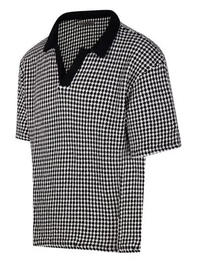 Officine Generale Cropped Houndstooth Polo With Classic V-neckline In Black