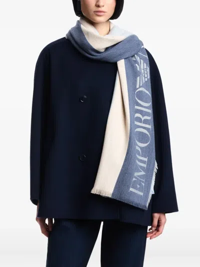 Emporio Armani Logo-embellished Striped Scarf In Blue