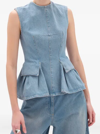 Remain Birger Christensen Peplum Sleeveless Denim Top In Blue