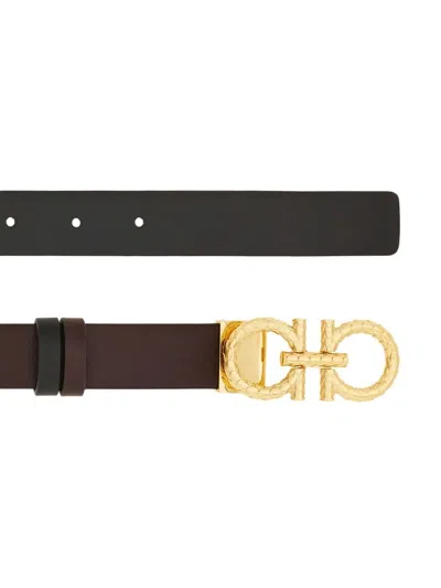 Ferragamo Reverse Burgundy Black Belt Gold Logo