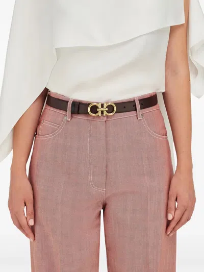 Ferragamo Reverse Burgundy Black Belt Gold Logo