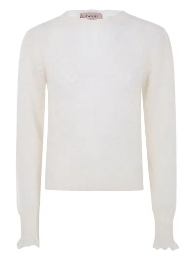 Twinset Ruffled-cuff Open-knit Sweater In White