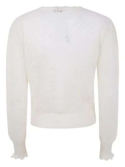 Twinset Ruffled-cuff Open-knit Sweater In White