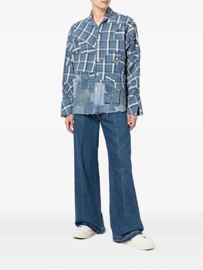 Greg Lauren Patchwork Checked Shirt In Blue