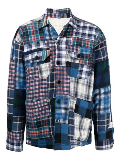 Greg Lauren Patchwork Cotton Shirt Jacket In Blue