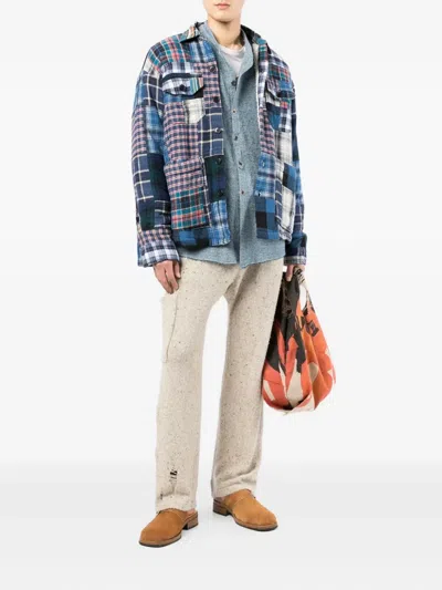 Greg Lauren Patchwork Cotton Shirt Jacket In Blue