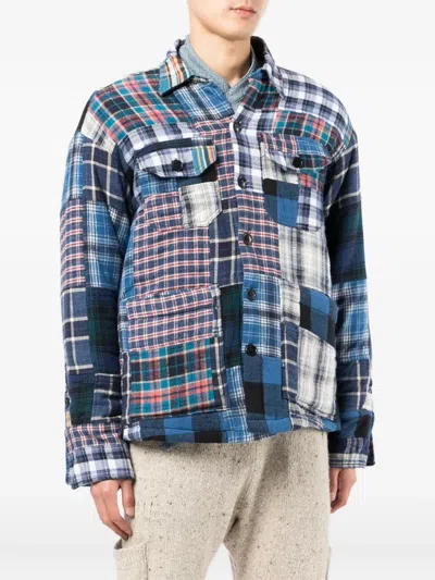 Greg Lauren Patchwork Cotton Shirt Jacket In Blue