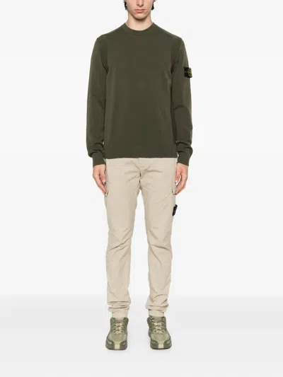 Stone Island Crew Neck Sweater Ribbed Cuffs In Green