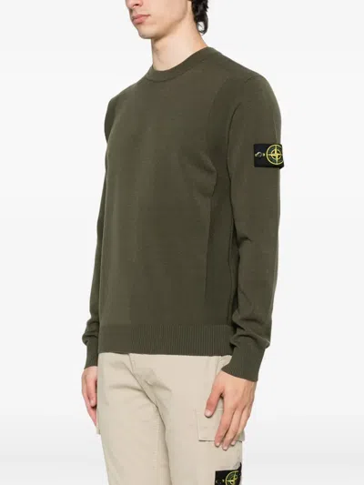 Stone Island Crew Neck Sweater Ribbed Cuffs In Green