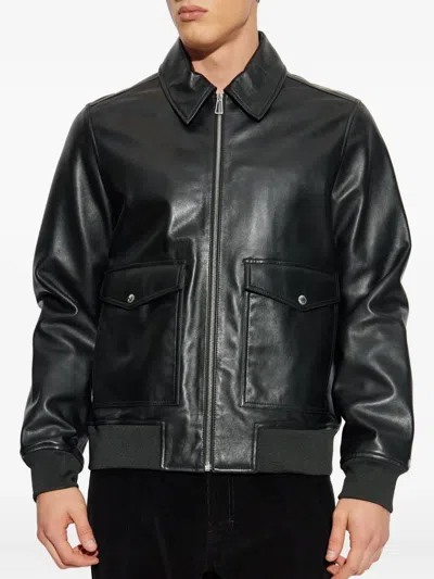 Ps By Paul Smith Flap-pocket Zip-front Leather Jacket In Black