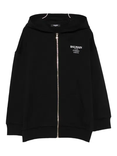 Balmain Logo-print Zip-up Hoodie In Black