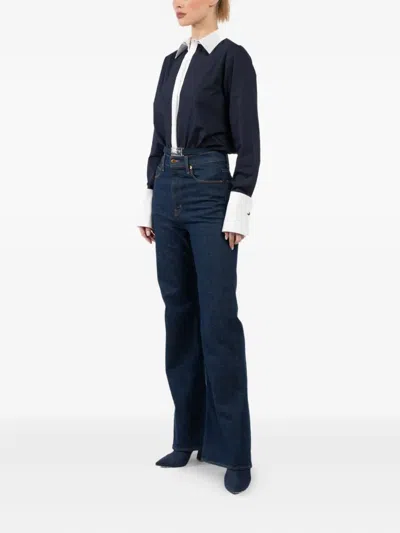 Brandon Maxwell Bradshaw Contrast-collar Poplin-knit Bodysuit