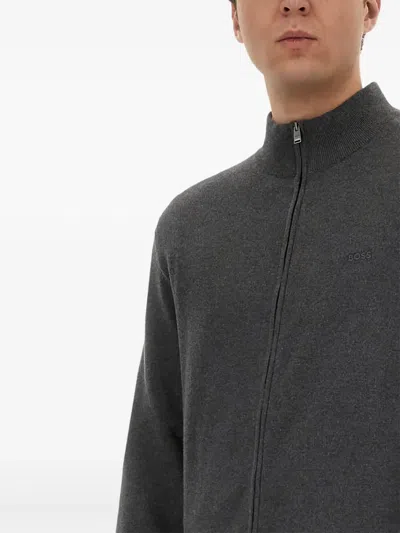 Hugo Boss Zip Cotton Cardigan In Gray