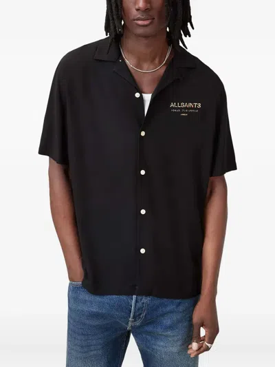 Allsaints Snakeskin-print Camp-collar Shirt In Black