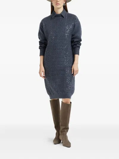 Brunello Cucinelli Croc-motif Sequin Dress In Blue