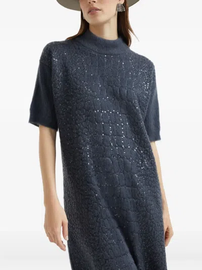 Brunello Cucinelli Croc-motif Sequin Dress In Blue