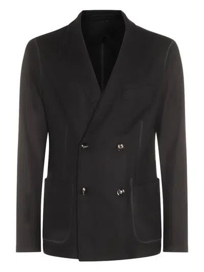 Giorgio Armani Official Store Icon Double-breasted Jacket In Fulled Cashmere Interlock In Black