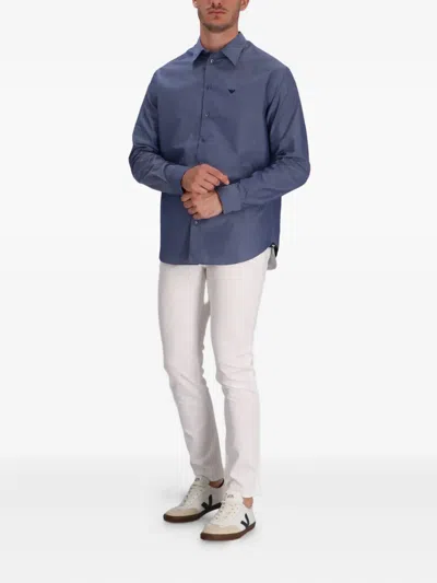 Emporio Armani Cotton Shirt With Button-down Collar And Cuffs In Blue