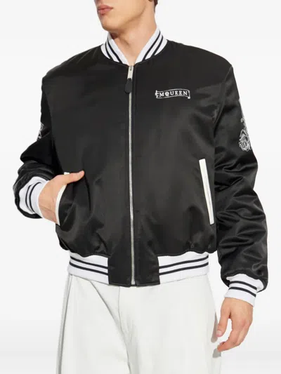 Alexander Mcqueen Rose-embroidery Satin Bomber Jacket In Gray