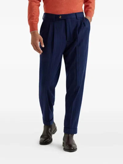 Brunello Cucinelli Straight-leg Pleated Wool-flannel Trousers In Blue