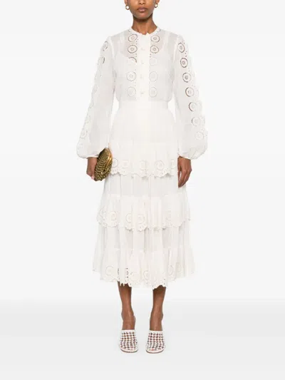 Zimmermann Ivory Embroidered Cotton Lucky Tiered Midi Skirt In White
