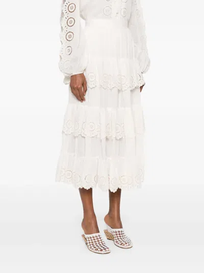 Zimmermann Ivory Embroidered Cotton Lucky Tiered Midi Skirt In White