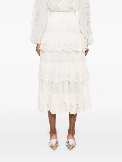 Zimmermann Ivory Embroidered Cotton Lucky Tiered Midi Skirt In White