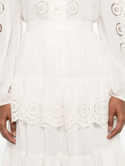 Zimmermann Ivory Embroidered Cotton Lucky Tiered Midi Skirt In White