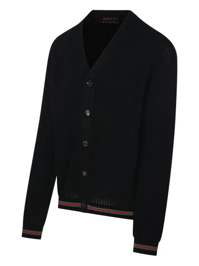 Gucci Men Knit Cotton Ajour Cardigan With Web Tape In Black