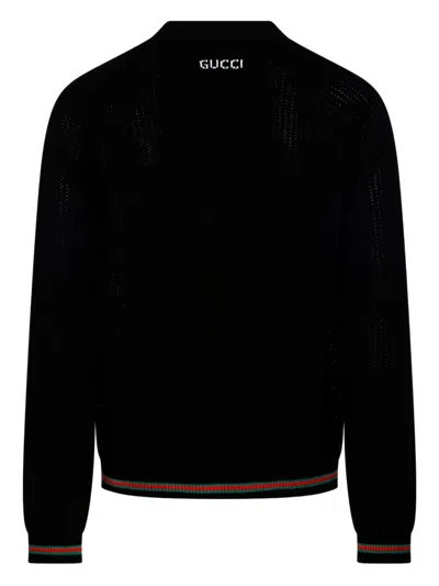 Gucci Men Knit Cotton Ajour Cardigan With Web Tape In Black