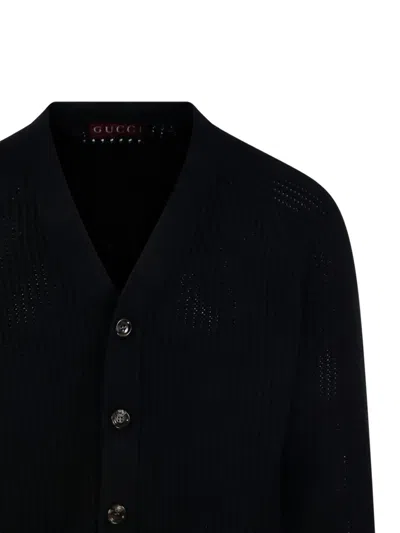 Gucci Men Knit Cotton Ajour Cardigan With Web Tape In Black
