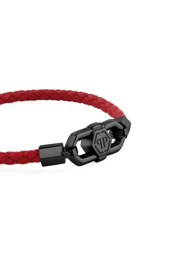 Philipp Plein Braided Leather Clasp Bracelet In Red