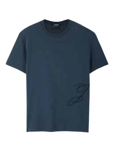 Jacquemus Mens Dark Navy Logo-embroidered Cotton T-shirt In Blue