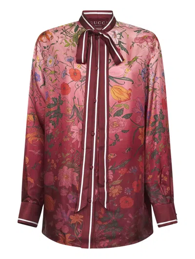 Gucci Silk Shirt With Flora Print And Tie Bow In Red