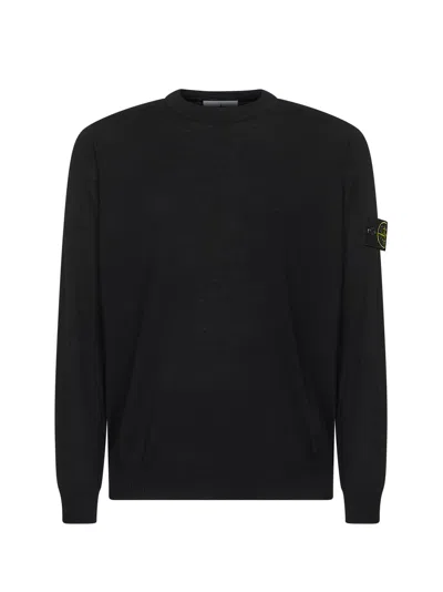 Stone Island Blue Navy Ribbed Sweater In Wool In Black